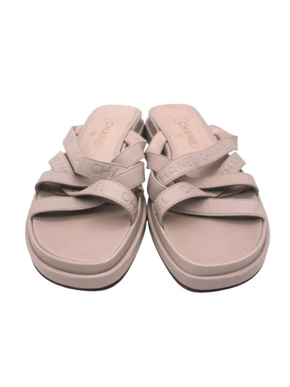 Chanel Sandals Leather Logo Cross Belt Strap Shoes Gray Green